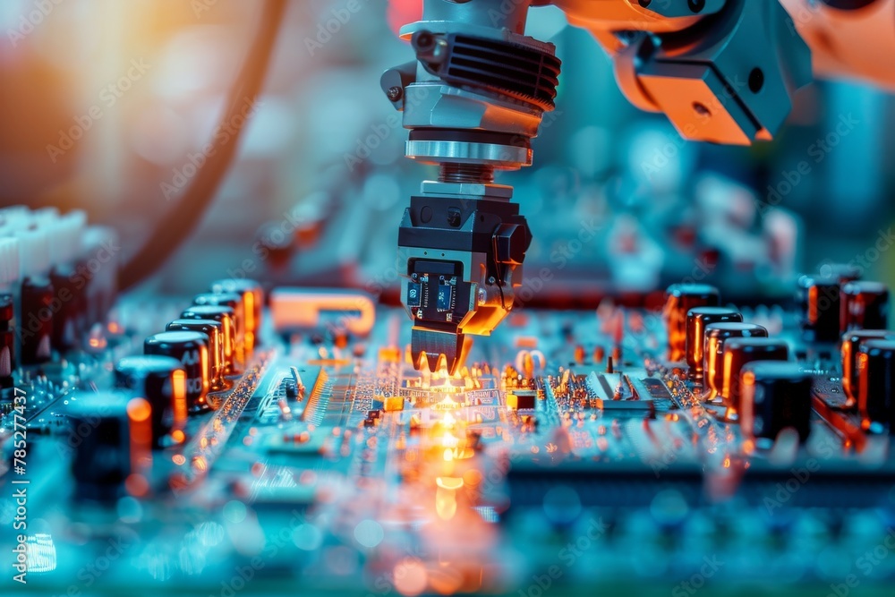 Poster close-up of a robotic arm in action on a modern electronic assembly line