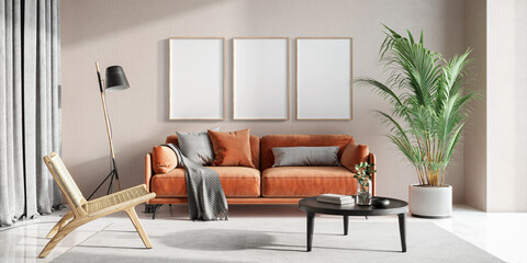 Three frame mockup, Home interior background, modern living room, blank wall, 3D render