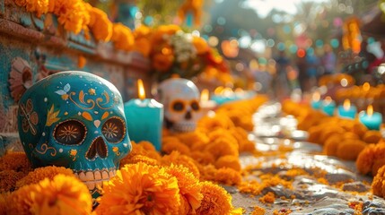 Dia de los Muertos: Evocative images capturing the colorful altars, sugar skulls, marigold flowers, and lively celebrations during Dia de los Muertos in Mexico, honoring and remembering deceased loved - obrazy, fototapety, plakaty