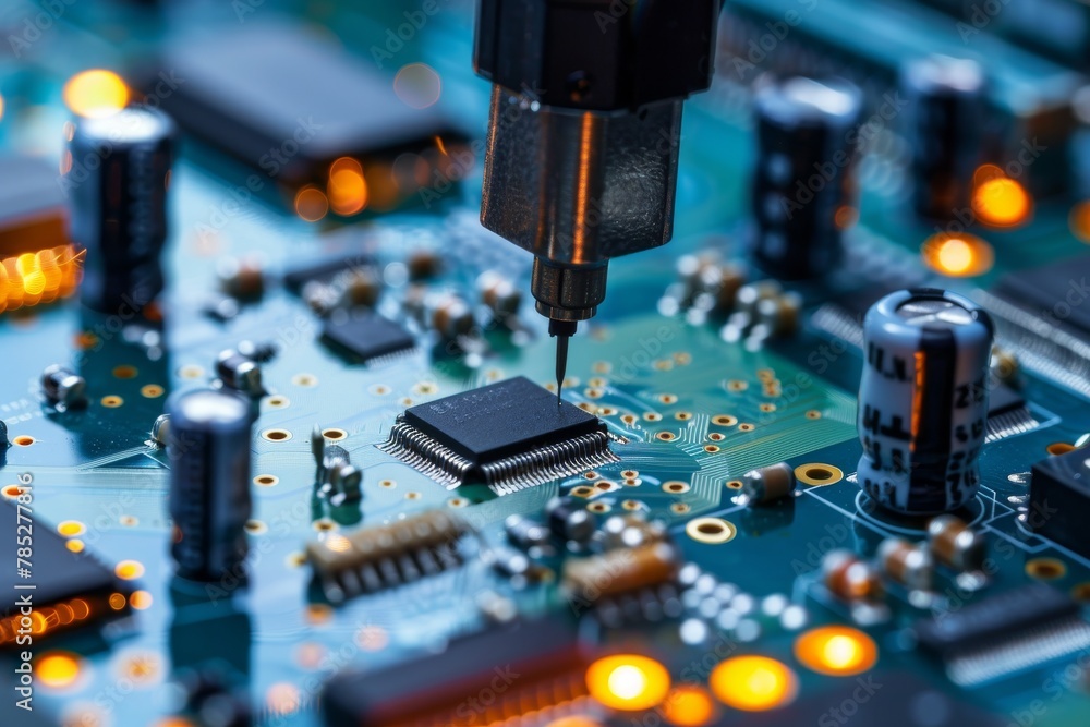 Poster close-up of a robotic arm assembling electronic components on a circuit board