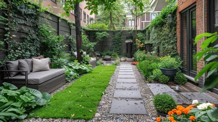 Foto op Aluminium Dutch city garden, tile floor with green grass and surrounding hedges © nataliya_ua