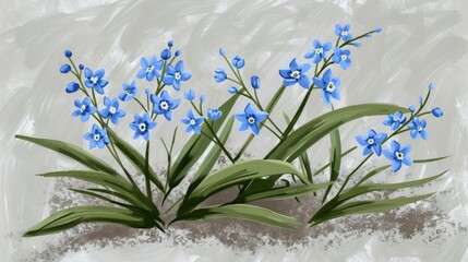   A painting of a blue flower bundle against a white and gray background, featuring green leaves in the foreground