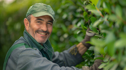 A man gardener is smiling and leaning over a hedge. He is wearing a green hat and a green shirt. gardener smiling middle age likeable man, trimming hedge - Powered by Adobe