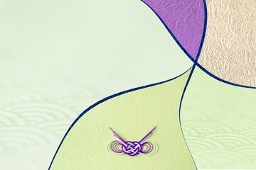 カラフルな和紙と青海波模様物和紙と水引のデザイン（淡いグリーン、紫、金色など）