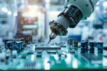 Robotic arm assembling electronic components on a circuit board in an industrial setting