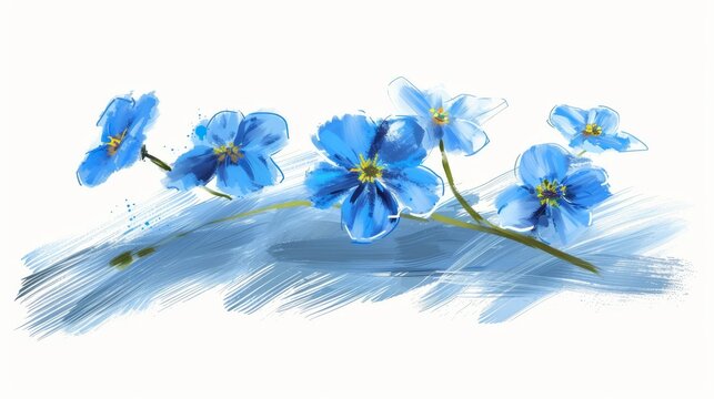   A painting of blue flowers against a white backdrop, delineated by a blue-yellow line bisecting the image