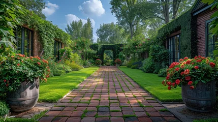 Fototapeten Dutch city garden, tile floor with green grass and surrounding hedges © nataliya_ua