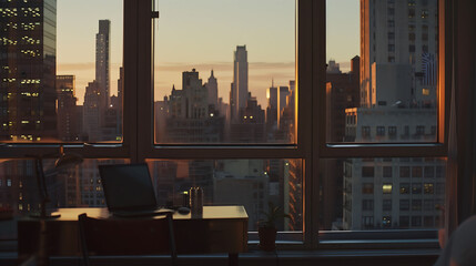 Fototapeta na wymiar Urban Dusk - City Skyline Viewed Through an Office Window