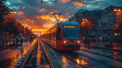  red train in the night at city - obrazy, fototapety, plakaty