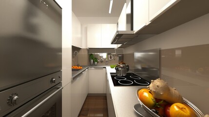Modern compact urban kitchen with sleek appliances and stylish decor - obrazy, fototapety, plakaty