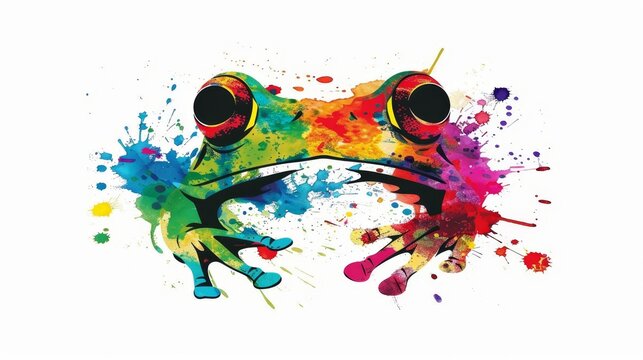   A vibrant frog boasts large eyes against a pristine white backdrop, adorned with splashes of colorful paint