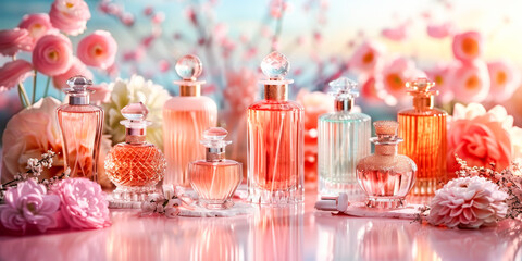 Elegant Perfume Bottles with Sunset Reflections.