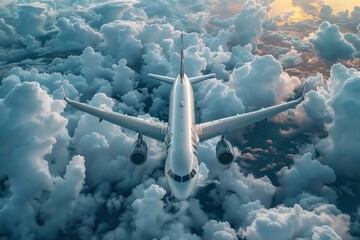 Fototapeta premium Commercial airplane flying above dramatic clouds during sunset.