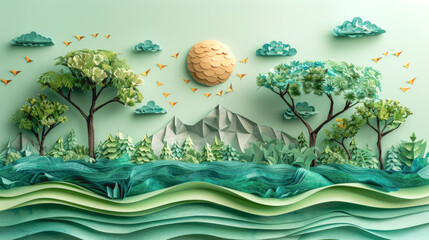 Paper landscape with trees, mountains and sun made of paper, paper art.