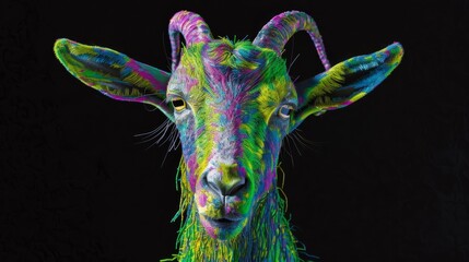   A tight shot of a goat's face, adorned with colorful paint, against a black backdrop Its horns are also painted