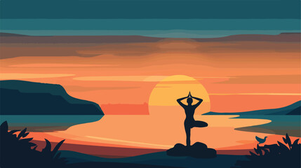 Fototapeta premium Silhouette of person doing yogon beach at sunset vector