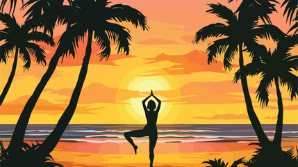 Silhouette of person doing yogon beach at sunset vector