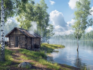 A small cabin is sitting on a grassy hill next to a lake. The cabin is old and has a rustic appearance. The lake is calm and peaceful, with trees surrounding it