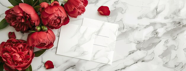 blank wedding cards and red peonies arranged delicately on a marble table, accented by scattered cotton thread and wooden spools for captivating text animation.