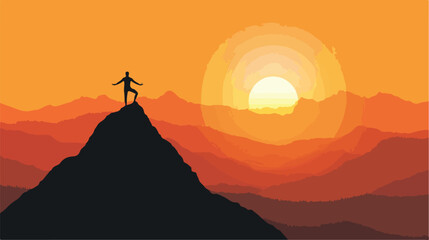Silhouette of person doing yogon mountaintop at sunse - obrazy, fototapety, plakaty