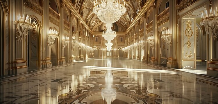Expansive hall adorned with intricate chandelier, reflecting on polished marble.