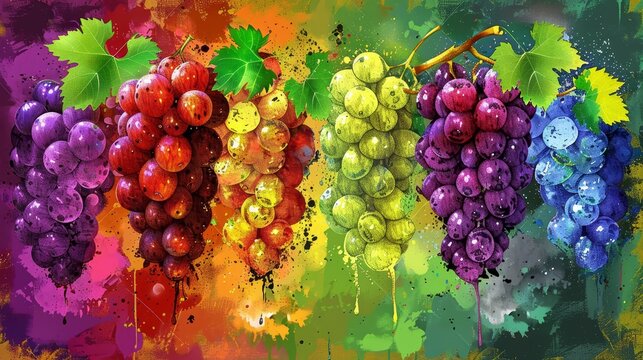   A painting of a cluster of grapes in various shades of purple, red, green, yellow, and purple