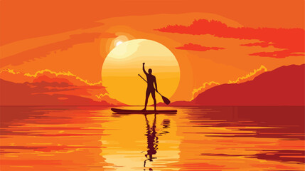 Silhouette of person doing yogon paddleboard at sunset  - obrazy, fototapety, plakaty