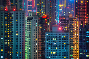 Obraz premium A closeup of skyscrapers in a city during nighttime using a telephoto lens