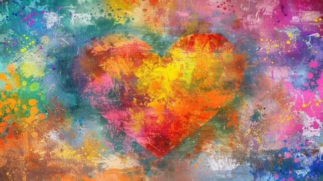   A vibrant mural of a heart on a wall, adorned with abundant rainbow-hued paint splatters