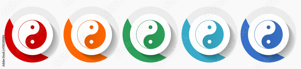 Poster Ying yang vector icon set, flat icons for logo design, webdesign and mobile applications, colorful round buttons