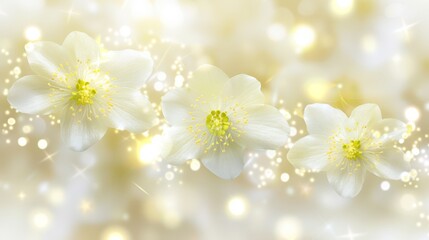   A tight shot of three white blooms against a white and yellow backdrop of soft focus light, adorned with specks of sparkle in the distance