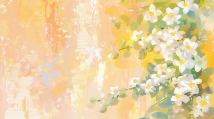   A painting of white flowers in a yellow and pink background, with a splash of paint at its left edge