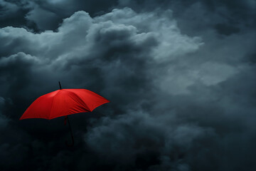 Red umbrella on dark stormy sky background with space for your text
