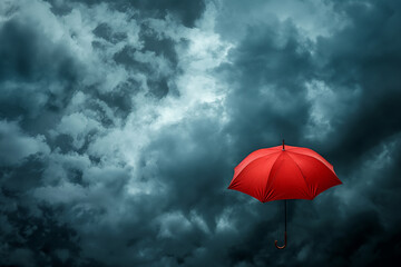 Red umbrella on dark stormy sky background with space for your text
