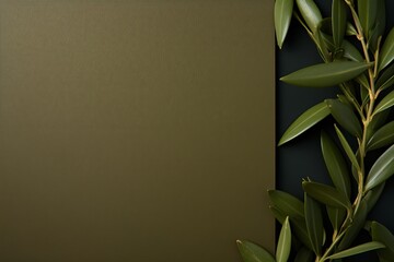 Olive background with dark olive paper on the right side, minimalistic background, copy space concept, top view, flat lay