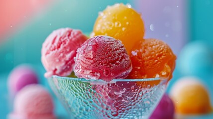 A glass bowl filled with scoops of frosty sherbet in pastel colors, with a focus on the textured surface of the refreshing dessert.