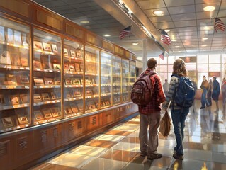 A man and a woman are walking through a store with a lot of shelves. The man is carrying a backpack - obrazy, fototapety, plakaty