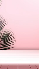 Fototapeta na wymiar Pink background with palm leaf shadow and white wooden table for product display, summer concept. Vector illustration, isolated on pastel background