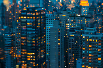 A closeup of skyscrapers in a city during nighttime using a telephoto lens - obrazy, fototapety, plakaty