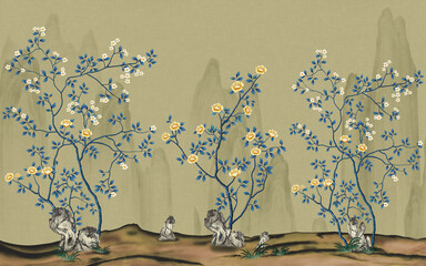 Chinoiserie wallpaper with leaves branches, bird and luxury colors. Wallmural wallpaper for interior printing