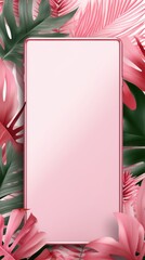 Pink frame background, tropical leaves and plants around the pink rectangle in the middle of the photo with space for text
