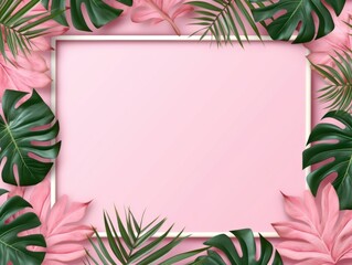 Fototapeta na wymiar Pink frame background, tropical leaves and plants around the pink rectangle in the middle of the photo with space for text