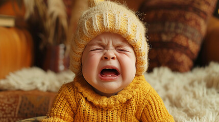 Baby with a upset expression being in a tantrum - obrazy, fototapety, plakaty