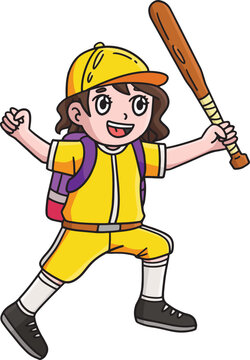 Girl with a School Bag and a Baseball Bat Clipart