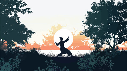 Silhouette of person practicing tai chi in peaceful  - obrazy, fototapety, plakaty