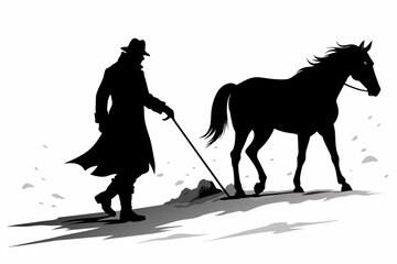 An old man leads a horse walking in the snow silhouette on white background