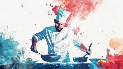 A chef is cooking in a kitchen with a splash of color and a splash of water
