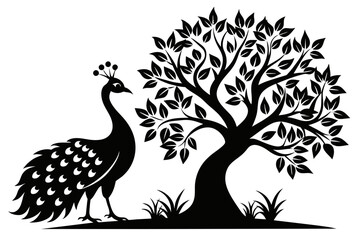 Naklejka premium Captured a Captured a Peacock bird on a tree. silhouette black on white background bird on a tree