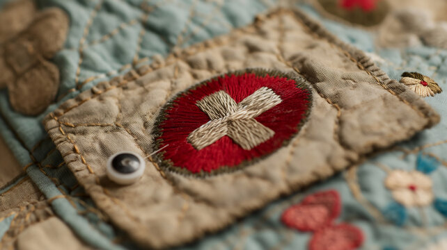 An embroidered red and beige emblem on a quilted fabric with a button and floral accents.