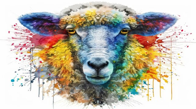   A tight shot of a sheep's face adorned with vibrant paint splatters on one side
